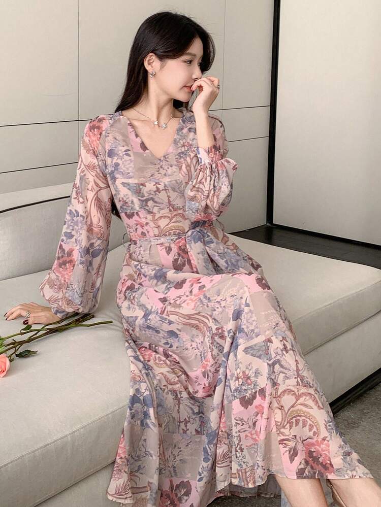 Women's Floral Patchwork Long Sleeve Mid-Length Dress, Spring/Fall Vacation Outfits Women Easter Boho