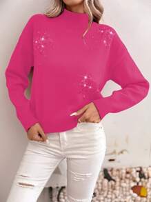 SHEIN LUNE Casual Fuchsia Sequin Bow Decor Stand Collar Sweater, Autumn/Winter Knit Pullover Fall - Hot Pink - View 6