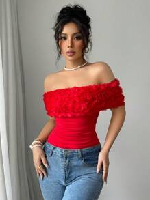Rafferiza Romantic Valentine's Day Red 3D Rose Flower Off Shoulder Ruched Women Elegant Ruched Bodycon T-Shirt - Red - View 6