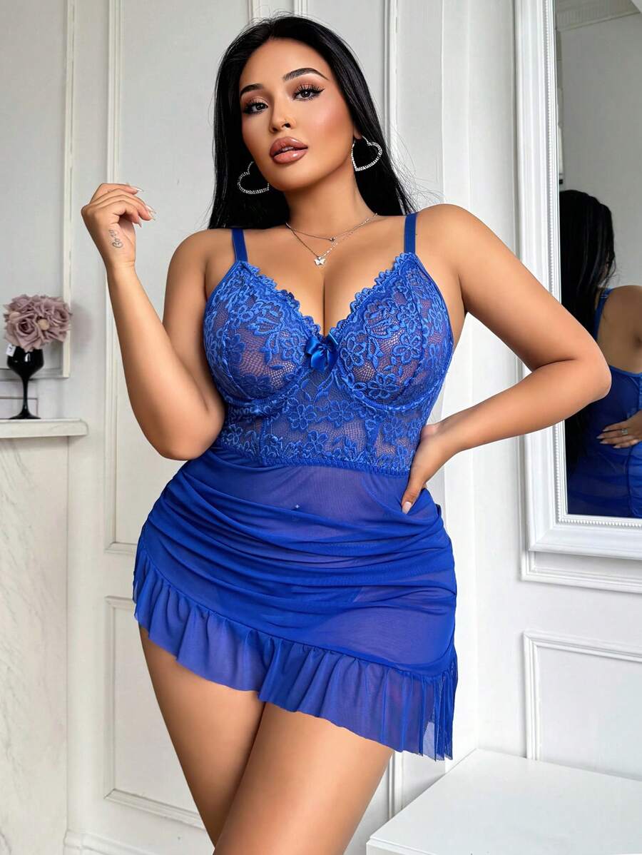 Seduluxe 2pcs Lace Contrast Mesh Lingerie Dress + G-String Set, Plus Size, Sexy - Royal Blue - View 1