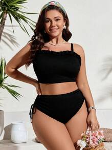 Swim Mod Top de tankini con tirantes ajustables, espalda descubierta y volante en el bajo, para tallas grandes, ideal para el verano - Negro - Ver 4
