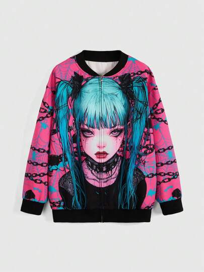 Anime Women's Front Zipper Long Sleeve Figure Printed Minimalist Jacket, Casual Daily Wear