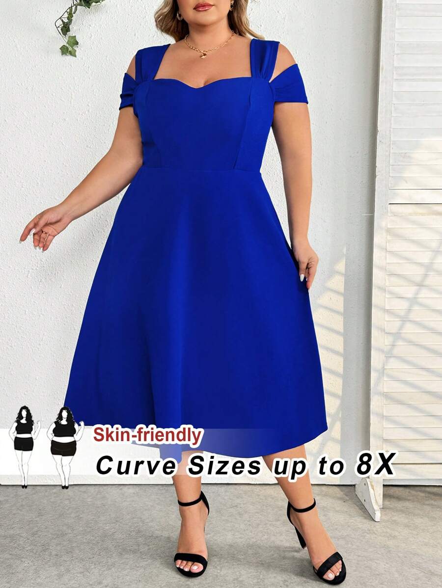 SHEIN CURVE+ Vestido romántico de talla grande para mujer con abertura en los hombros, escote en V y dobladillo con forma de paraguas, ajustado en la cintura, perfecto para citas románticas, cenas y viajes de primavera - Azul - Ver 1