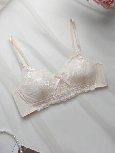 TonårsflickaTunn kupa Bekväm spets-BH med rosettdekor, Överdimensionerad kupstorlek