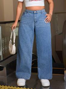 SHEIN ICON Plus Size Front Button Pocket Simple Denim Jeans, Casual Daily - Dark Wash - View 1