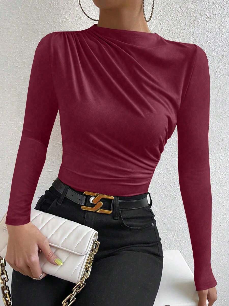 SHEIN PETITE Solid Simple Long Sleeve Ruched Tee Fall Cloth For Women - Burgundy - View 1