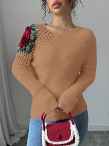 SHEIN Unity 女士印花长袖休闲套头毛衣，秋冬针织套头衫 - 杏色 - 查看 5