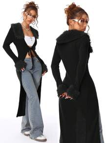 Coolane Women's Fall/Winter Going Out Streetwear  Y2K Fashion Vintage Black Rib Knit Flannelette Textured Lace Up Brown Long Cardigans - Black - View 1