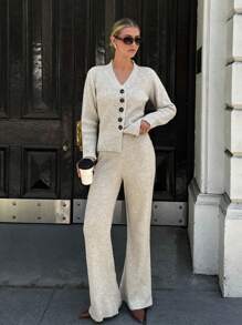 EURMUSE 2pcs Women Solid Color Ribbed Button V-Neck Cardigan And Knit Pants Set, Autumn/Winter - Apricot - View 5