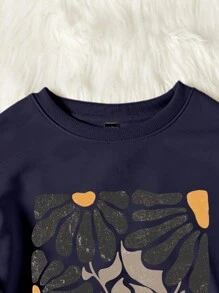Attitoon Casual Minimalist Leaf Graphic Print Round Neck Loose Women Sweatshirt, Autumn/Winter - Navy Blue - View 4