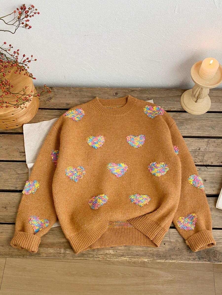 SHEIN 青少年女孩圆领长袖心形细节简约休闲毛衣 - 卡其色 - 查看 1