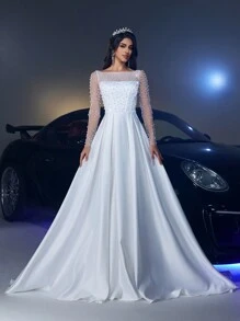 Glamrae 优雅奢华透视长袖仿珍珠装饰缎面褶饰荷叶边连衣裙，带拖尾，适合婚礼、单身派对、节日、舞会、新娘 - 米色 - 查看 7