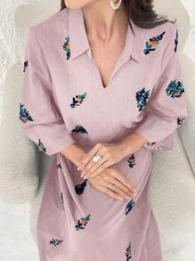 Al Najma Elegant Floral Embroidery Long Maxi Caftan Dress For Vacation
