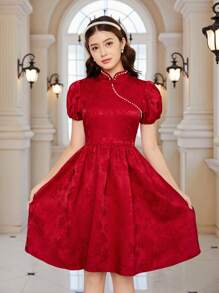 Vestido Hanfu rojo de estilo tradicional chino con cuello alto para niñas adolescentes en Navidad