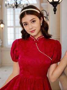 Vestido Hanfu rojo de estilo tradicional chino con cuello alto para niñas adolescentes en Navidad