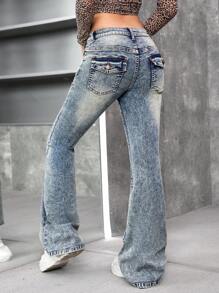 SHEIN Retro Blue Denim Flare Pants For Teenage Girls - Medium Wash - View 2