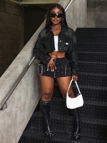 SHEIN SXY Áo khoác denim ngắn tay dài có nút cài phía trước dành cho nữ, đơn giản, giản dị - màu đen - Xem 3