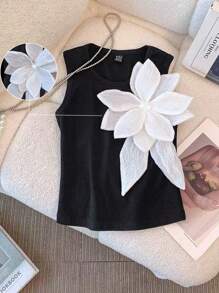 SHEIN Clasi Women's Standard Size Crew Neck Sleeveless Floral Decor Cinched Waist Slim Fit Cropped Tank Top