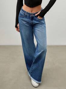 EURMUSE LOW WAIST DOUBLE STITCHED WAISTBAND WIDE LEG JEAN - Dark Wash - View 2