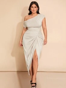 SHEIN BAE Spring Summer Clothes Plus Size Women's Autumn And Winter Fashion Big Women Elegant Date Party Black Stretch Knit Comfort Gathered Details Off-Shoulder Draped Skirt Asymmetrical Hem Slit Midi Dress,Birthday Dresses For Women