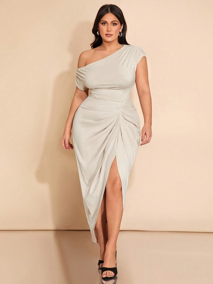 SHEIN BAE Spring Summer Clothes Plus Size Women's Autumn And Winter Fashion Big Women Elegant Date Party Black Stretch Knit Comfort Gathered Details Off-Shoulder Draped Skirt Asymmetrical Hem Slit Midi Dress,Birthday Dresses For Women