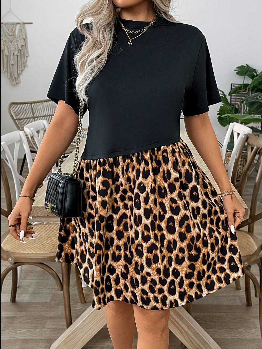 SHEIN LUNE Plus Size Women Crew Neck Ruffled Short Sleeve Patchwork Leopard Print Dress For Summer - Black - View 1
