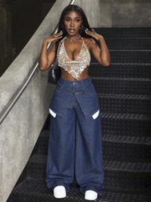 SHEIN Slayr 女士休闲阔腿牛仔裤，采用独特的双腰设计 - 藍色 - 查看 3