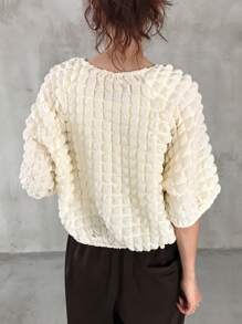 FRIFUL 女士象牙色泡泡纹理 T 恤，甜美音乐节风格，夏季