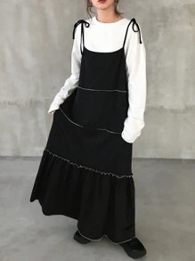 FRIFUL Vestido largo de tirantes finos de mujer de color negro con puntadas de contraste, apto para primavera y verano, vestido casual de mujer