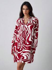 Chiquease Women's Oversized Lace-Up Casual Dress, French Retro Printed Long Sleeve Slimming Dress, Autumn New Fashion, Red Color Fall Cloth For Women