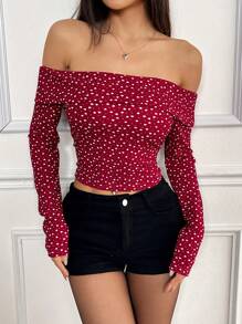 SHEIN Essnce Blusa elegante de un solo hombro con forma de corazón roja para día de San Valentín, de manga larga, ajustada, con hombro descubierto, para primavera y otoño