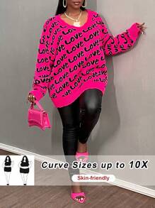 SHEIN CURVE+ Curve Plus Size Basic V-Neck Long Sleeve Heart Pattern Contrast Color Red Sweater, Autumn/Winter Knitted Top New Year's Party And Valentine's Day - Hot Pink - View 1