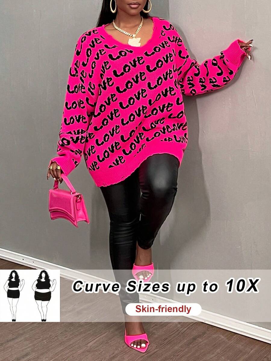 SHEIN CURVE+ Curve Plus Size Basic V-Neck Long Sleeve Heart Pattern Contrast Color Red Sweater, Autumn/Winter Knitted Top New Year's Party And Valentine's Day - Hot Pink - View 1