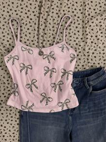 SHEIN EZwear 女士休闲蝴蝶结装饰性感吊带背心上衣，紧身款式，适合夏季 - 白色 - 查看 4