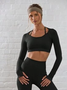 Musera Sport 露背多层长袖短款运动服运动上衣，适合板网球、网球、匹克球健身房健身 - 黑色 - 查看 1