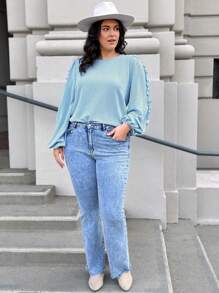 SHEIN LUNE 大码女式褶饰荷叶边 T 恤，女式西装，女式复古服装，春季，淡蓝色 - 藍白色 - 查看 5