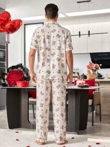 Cartoon Bear Print Men's Pajama Set - Apricot - View 3