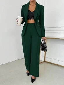 SHEIN SXY Women's Elegant Two Pieces Green Suit Set: Blazer Jacket & Wide Leg Pants For Business Casual Or Office Wear,Business Casual Woman In Fall/Winter - Dark Green - View 1