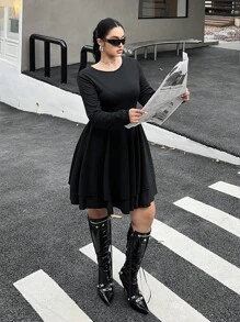SHEIN Unity Plus Size Open Back Tie-Up Waistline Double Layer Hem Dress - Black - View 7