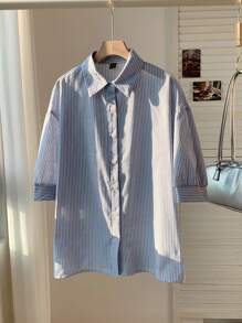 SHEIN EZwear 女士條紋單排釦休閒中袖襯衫 - 藍色 - 查看 7