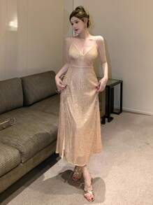 DAZY 女士V领开衩亮片中长吊带裙舞会礼服派对女士吊带裙返校节礼服奢华优雅女士连衣裙新年夜礼服闪亮连衣裙 - 杏色 - 查看 8