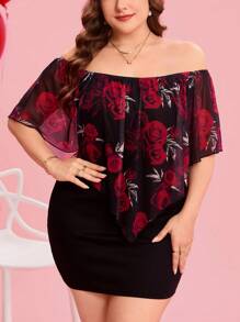 SHEIN Clasi Plus Size Solid Color Patchwork Off Shoulder Casual Mini Dress,Fashionable For Daily Wear&Valentine's Day Date & Party Dress