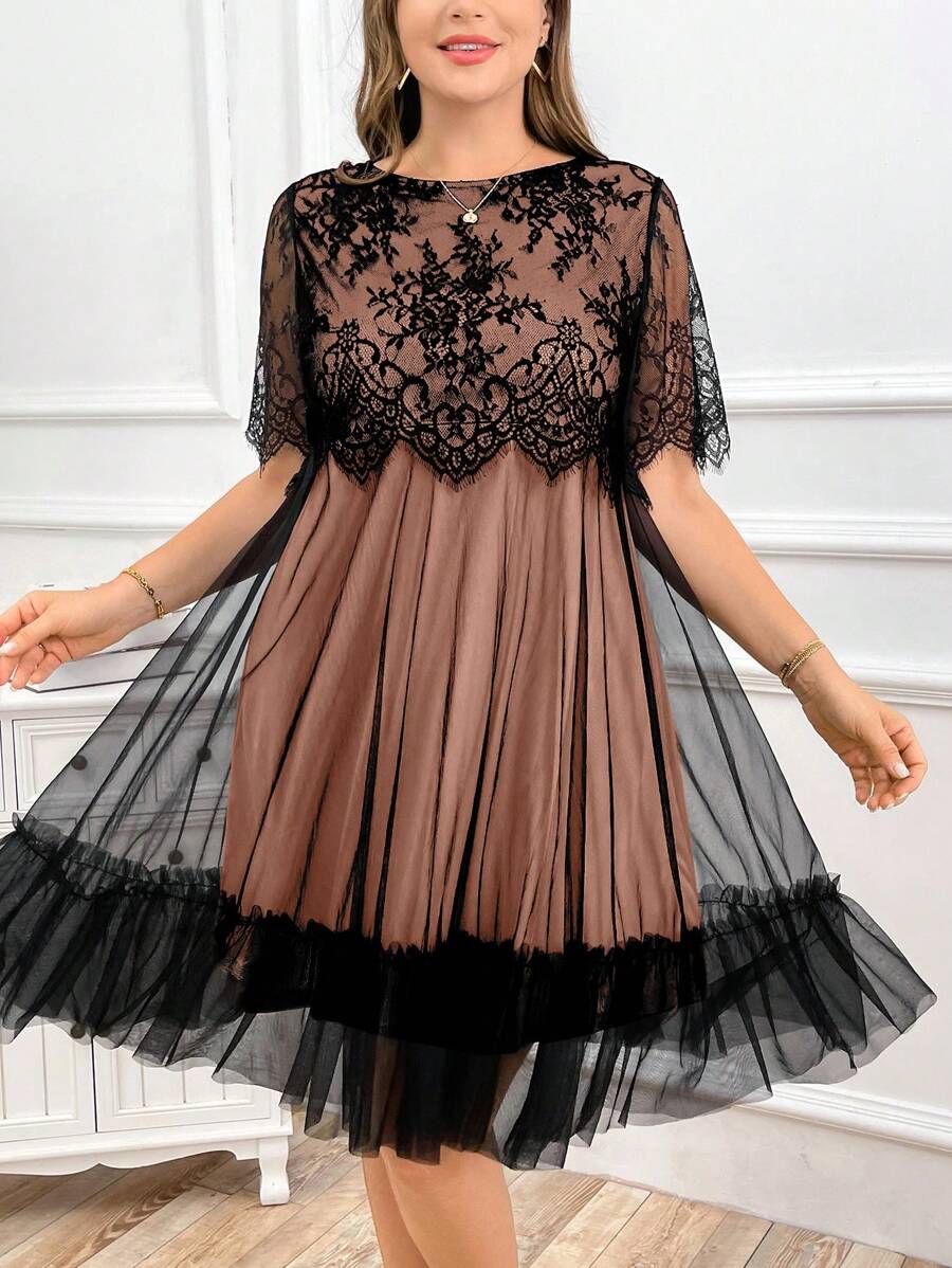 SHEIN Clasi Plus Size Black Lace Contrast Mesh Elegant Dress, Summer - Dusty Pink - View 1