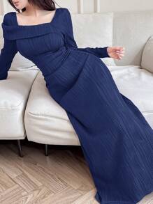 Feyla 女士方领长袖纯色简约修身阿拉伯连衣裙长款晚礼服 - 藏蓝色 - 查看 5