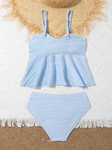 Tween Girls' Spaghetti Strap Bikini Set/Ruffled, No-Lock Edge, Special Fabric Solid Color Twist Hollow Out Swimwear 2pcs Set, Tummy Tuck Beach Outfit' - Blue - View 2
