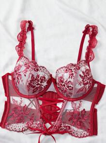 Myrelith 2 件套女士蕾丝拼布蝴蝶装饰性感透明刺绣内衣套装 - 酒紅色 - 查看 4