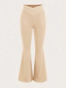 SHEIN EZwear Women's Casual Solid Color Flared Legging Set - Apricot - View 3