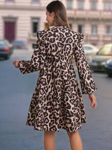 INAWLY Women Leopard Print Casual Loose Round Neck Ruffle Sleeve Mini Dress, Suitable For Everyday Wear Fall Cloth For Women - Multicolor - View 2