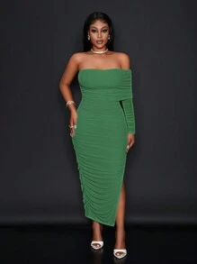 SHEIN Slayr Elegant Party & Date Open Shoulder Ruched Mesh Bodycon Dress For Women - EE - Green - View 6