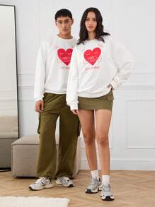 Manfinity VCAY Unisex Heart Graphic Print Loose Drop Shoulder Crew Neck Pullover Sweatshirt, For Fall Winter - White - View 4